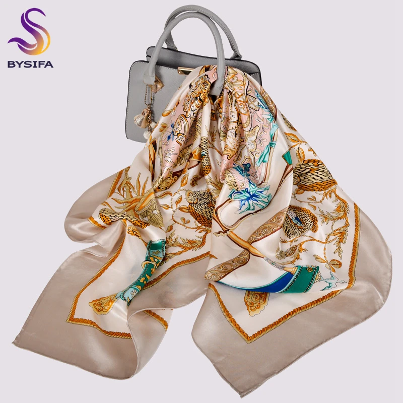 BYSIFA|Khaki Luxury 100% Silk Square Scarf Hijab Printed Fashion Women Pure Silk Scarves Fall Winter Brand Scarves Head Scarf