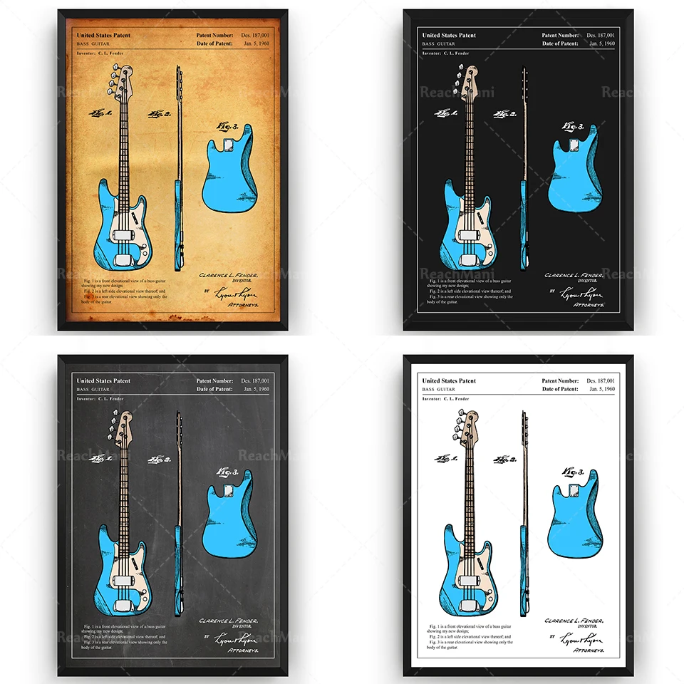 Fender Precision Bass Guitar 1960 Colourised Patent Print Wall Art Poster Blueprint Gifts