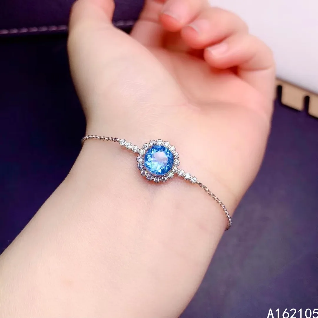 

Fine jewelry 925 pure silver Chinese style natural Swiss blue topaz girl luxury popular round gem hand chain bracelet support de