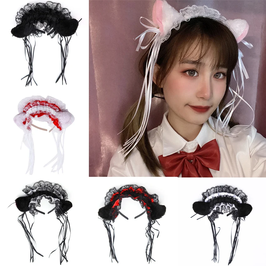 Donne ragazze increspature fascia in pizzo peluche orecchie di gatto nastro campana nappe Lolita Cosplay cerchio per capelli ragazze copricapo accessori per capelli