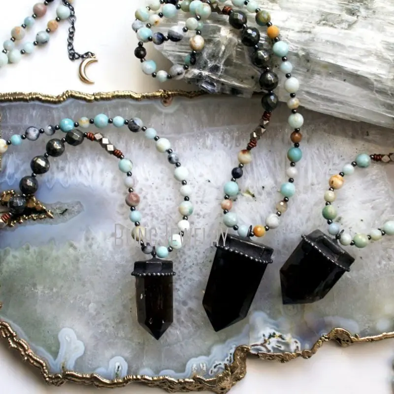 NM40358 Smoky Quartz Amazonite Pyrite Beaded Crystal Necklace   Pendulum Obelisk Talisman  Bead 