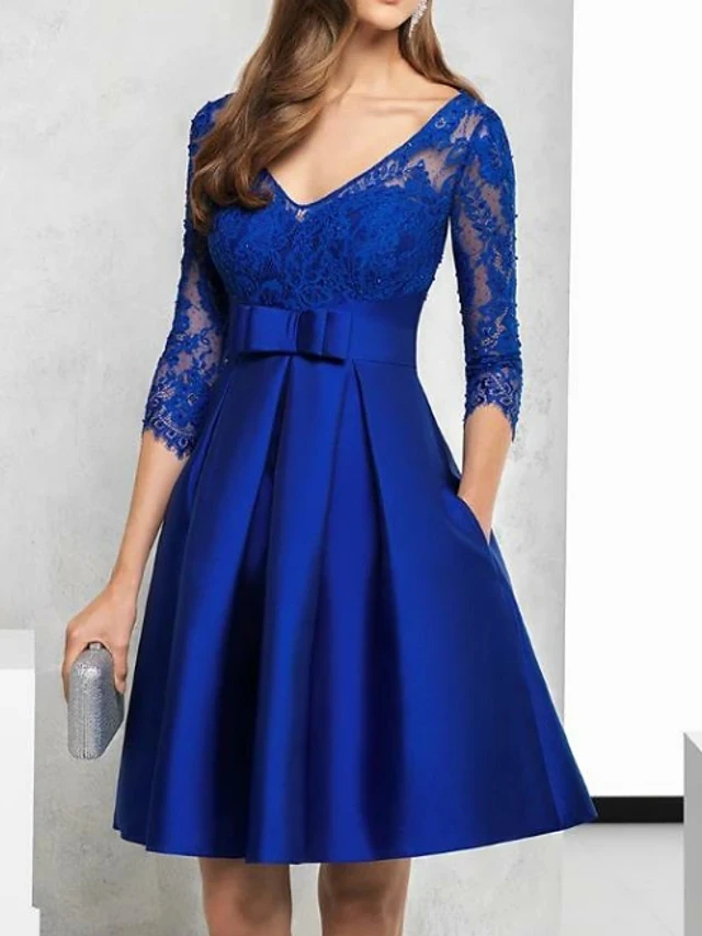 Vestido De fiesta corto De encaje azul real, vestido De talla grande con cuello en V, hasta la rodilla, Media manga con banda De lazo, para cóctel