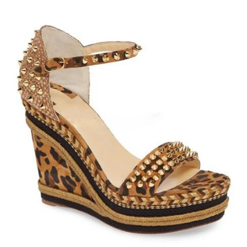 Rope Braided Studded Women Wedge Sandals Gold Rivet Ankle Strap Peep Toe Summer Casual Shoes Mixed Colors Spikes Dress Shoes