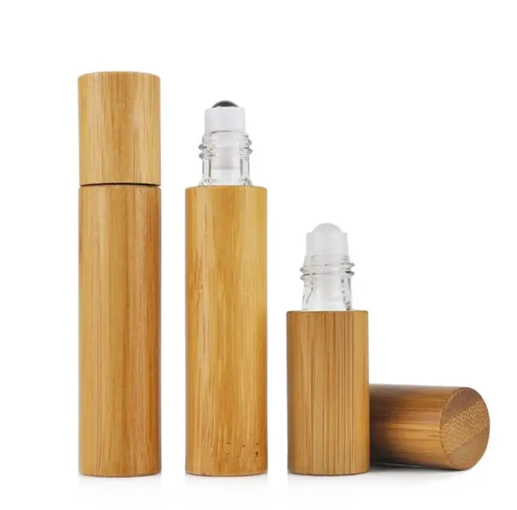 5ml 10ml 15ml Empty Bamboo Essential Oil Roll On Bottle Glass Inner Perfume Container with Steel Roller ball SN3148