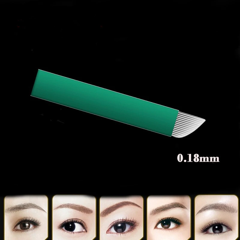 50 PCS Green Sloped Eyebrow Tattoo Needles Permanent Makeup Manual Microblading 0.18 MM Finest Needles 14 16 18 Pins