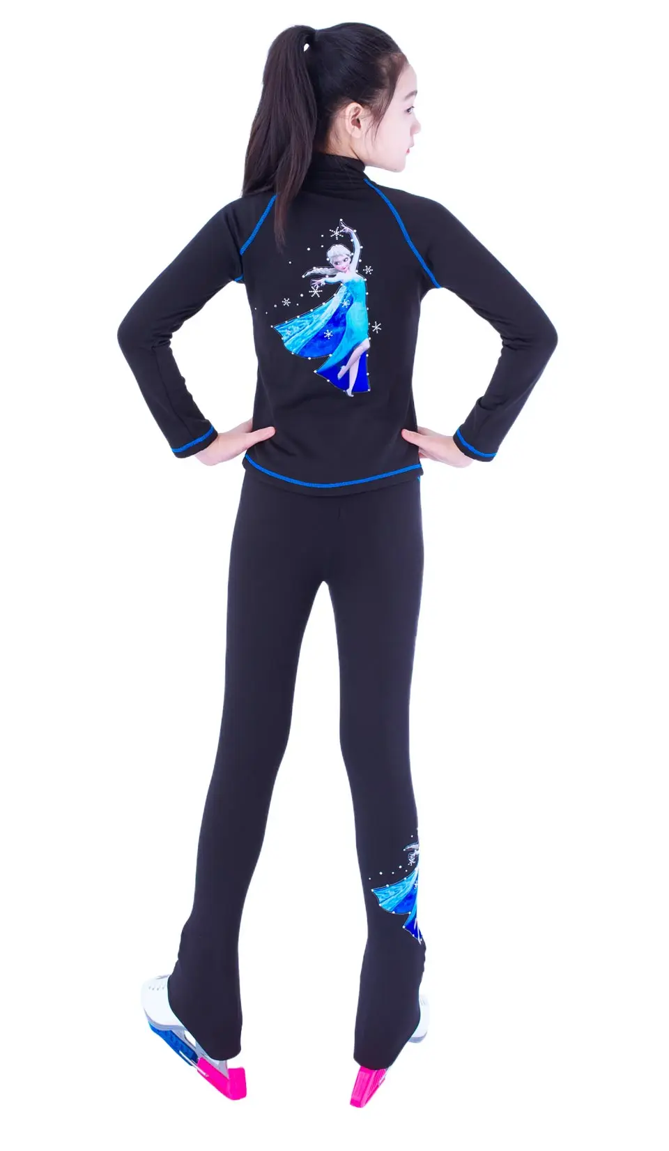 New Ice Figure Skating Jacket Pants Women Girl Trousers Top Black Teens Children Kids Colored Blue Rhinestones Training