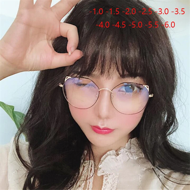 

Metal Cat Ears Nearsighted Eyeglasses Unisex Round Clear Spectacle Short-sighted Eyewear Diopter -1 -1.5 -2 -2.5 -3 -3.5 To -6.0