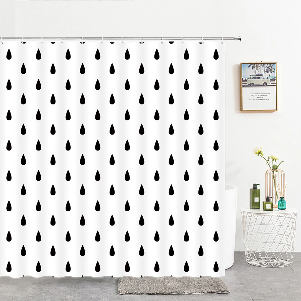 Modern Raindrops Printed Fabric Shower Curtains Black White Bath Curtain Waterproof Bathroom Bath Screen Decor with Hooks