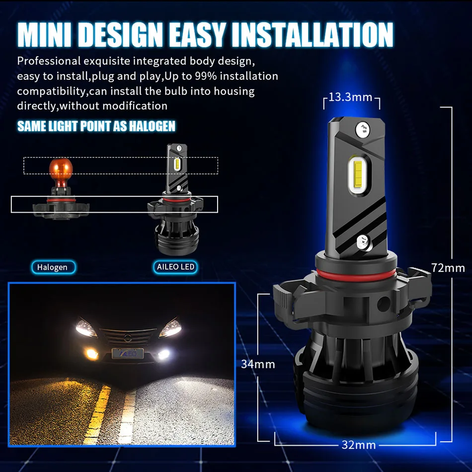 AILEO Car Fog Lamp PS24W PS19W PSX24W PSX26W SP13W  H11 H1 H3 H27 880 LED High Brightness Custom CSP Chips 72W 12000LM Auto Bulb