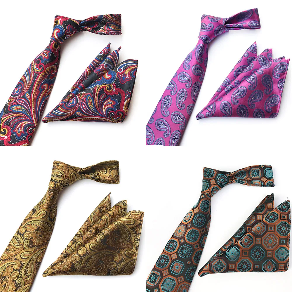 

Ricnais Men's 8cm Formal Tie Set Gold Red Paisley Floral Silk Jacquard Handkerchief Necktie Suit Business Wedding Accessories