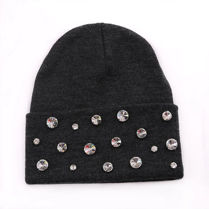 Casual Autumn Winter Rhinestones Knitted Beanie Hat Cap for Women Soft Warm Black Acrylic Bonnets Skullies for girls ladies