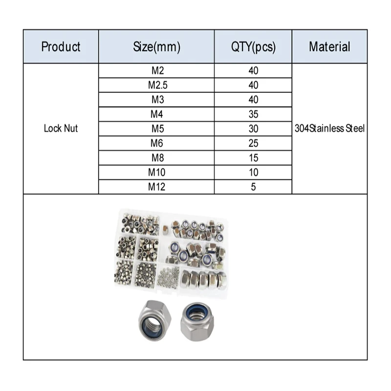 Lock Nut 240pcs Nylon Lock Nut 304 Stainless Steel M2 M2.5 M3 M4 M5 M6 M8 M10 M12 Hex Hexagon Self Locking Nut Assortment Kit