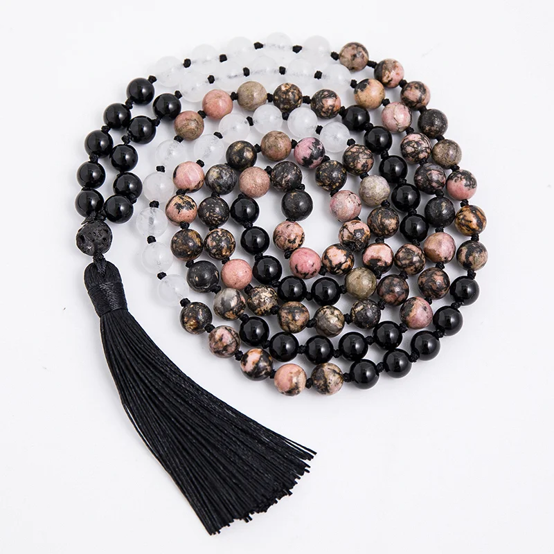 

108 Mala Beaded Necklace 8mm Rhodolite Black Onyx White Stone Knotted Jalamala Jewelry Meditation Yoga Prayer Rosary For Women