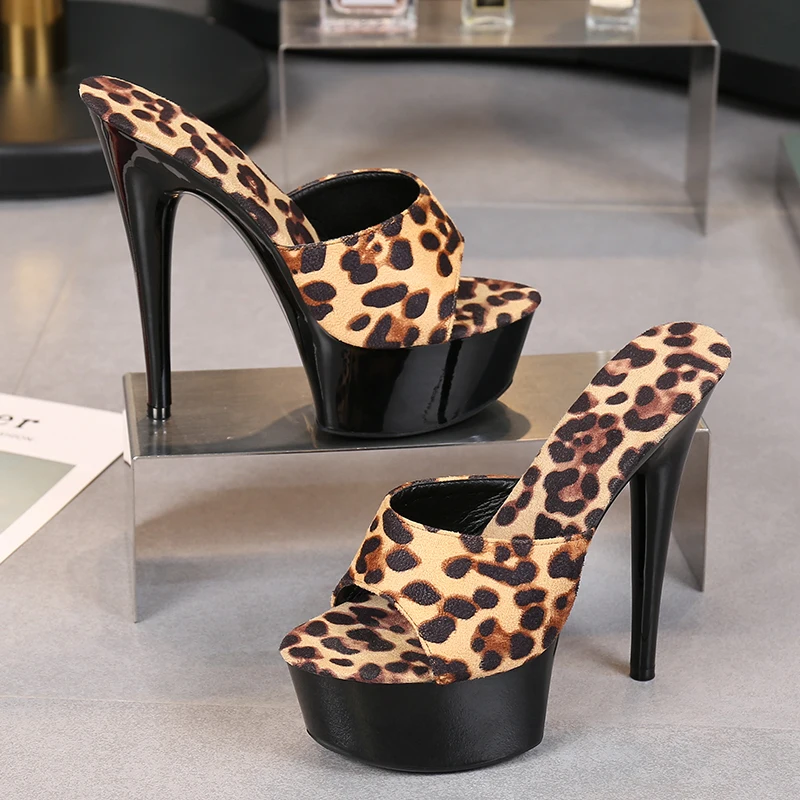 Leopard Print Woman Slippers Sandals Platform 2022 Nightclub Sexy High-heeled 15cm Shoes Slippers Heels Waterproof Thick Bottom