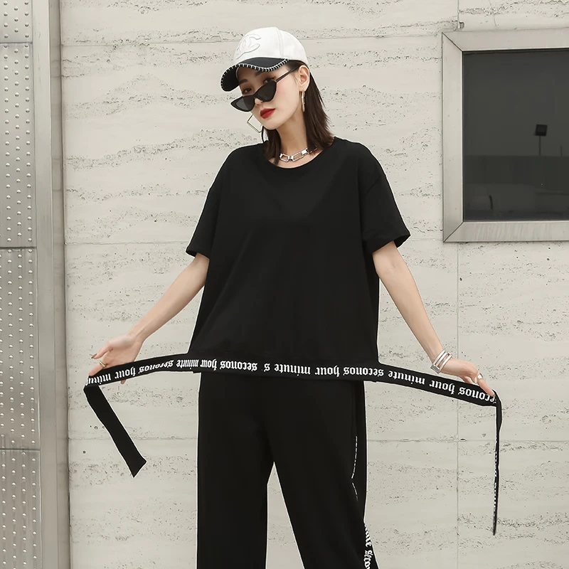

210338 High Street Style Punk Rock Black Solid Color Short Sleeve T-shirt Women Summer Harajuku Summer Personality Tops