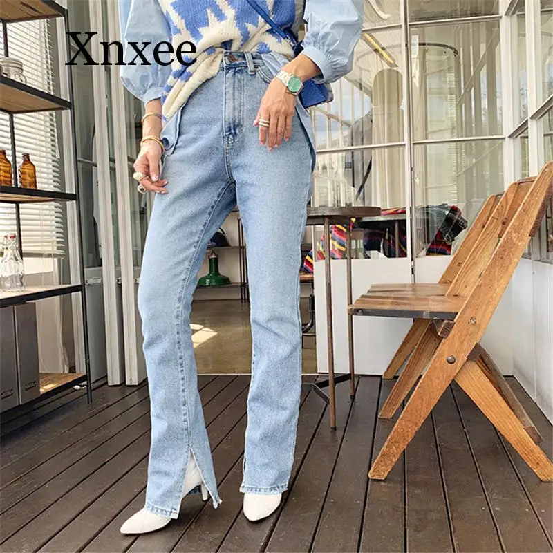 

Autumn Fashion Women High Waist Denim Jeans Straight Jeans Side Split Jeans Vintage Female Long Pants light blue korean style