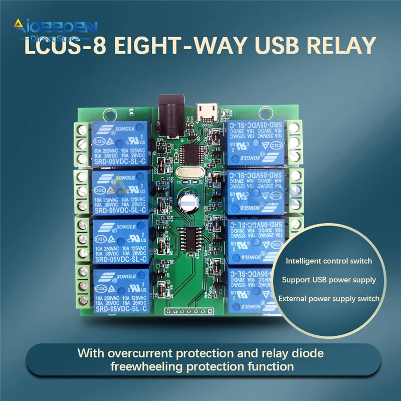 5V 8 Channel USB Relay Module Intelligent Control Switch CH340 Chip W/ Overcurrent Protection Support Relay Switch Status Query