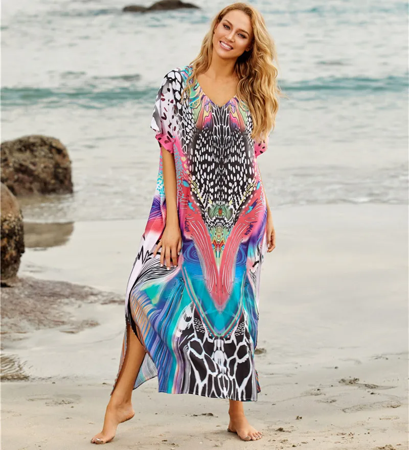 Boho Deep V-neck Bikini Cover-ups Summer Beach Dress Chiffon Tunic Women Sexy Beach Wear Swim Suit Cover Up