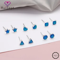 HuiSept Fashion 925 Sterling Silver Female Earrings Blue Opal Gemstone Heart-shaped Stud Earrings Jewellery Wedding Party Gifts