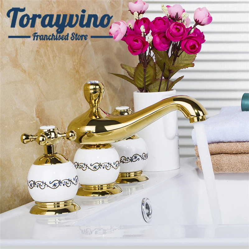 

bathtub Faucet 3 Pcs Set Ceramic Golden Basin Faucet Dual Handle Deck Mounted Hot & Cold Water Mixer Distinguished Basin Faucet