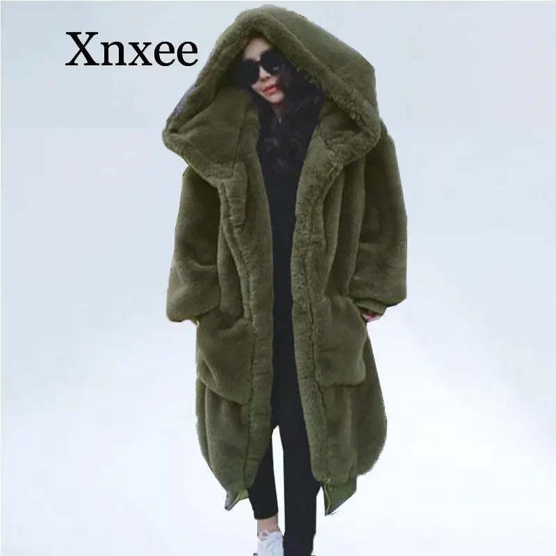 

Oversize Winter Faux Fur Coat Women Parka Long Faux Fur Jacket Coats Hoodies Loose Winter Outwear casaco feminino army green