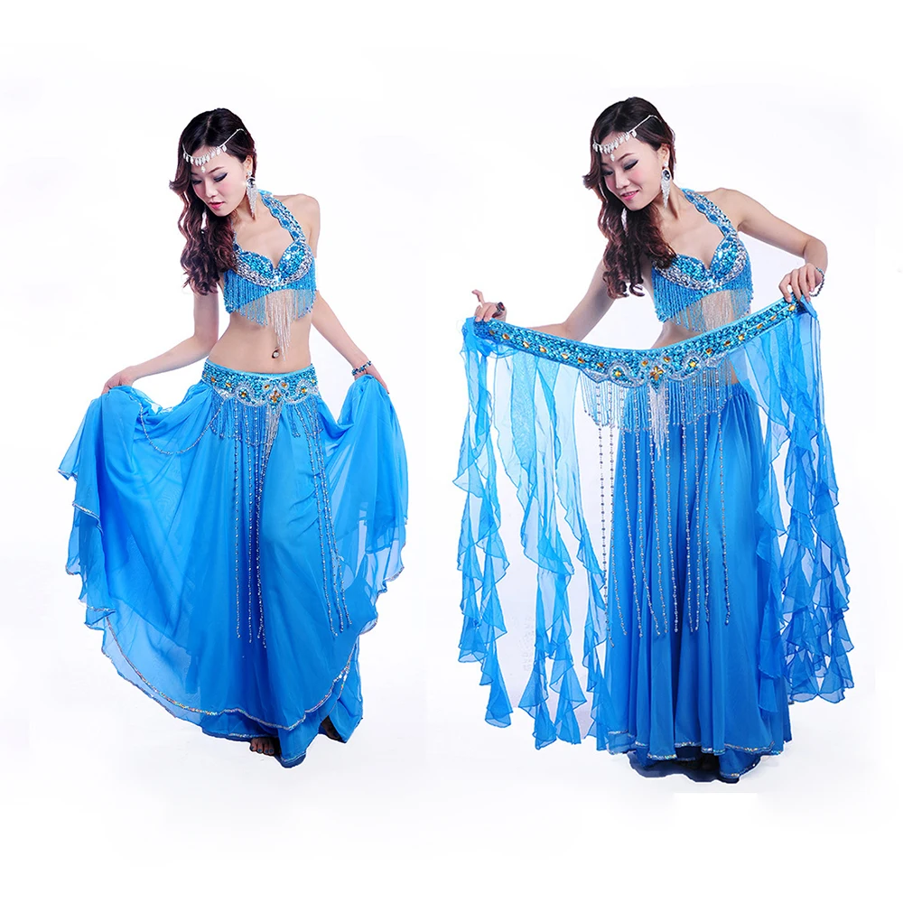 Size S-XL Performance Women Dancewear Professional 2pcs Outfit Oriental Beads Costume Belly Dance Bra Belt with Fringe