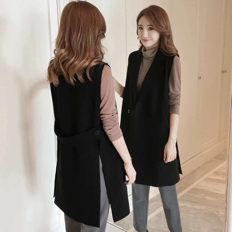 

New Korean Fashion Split Long Women's Vest Spring Elegant Black Sleeveless Jacket Female Solid Cardigan Waistcoat Vests Colete