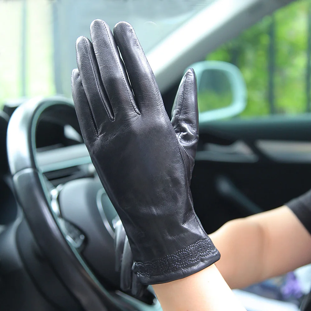 الكلاسيكية الأسود قفازات جلدية حقيقية الإناث الخريف الشتاء الحراري جلد الغنم موضة بسيطة المرأة القيادة قفازات جديد EL089NC #4