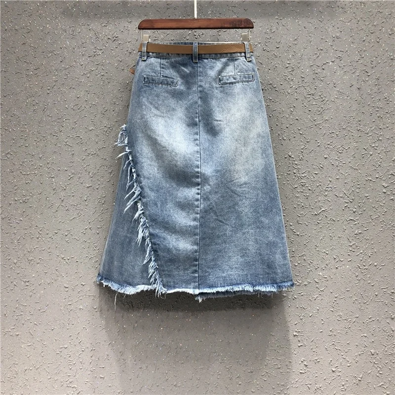 

Womens Asymmtry Denim Skirts Fashion Summer High Waist Distressed Woman Jeans Skirt Harajuku Sweet Casual Knee-Length Jupe