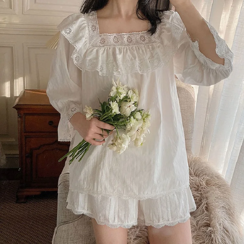 SummerWhite Cotton Shorts Pajamas Sets For Women Loose Vintage Delicate Sleepwear Suits Girls Nightwear