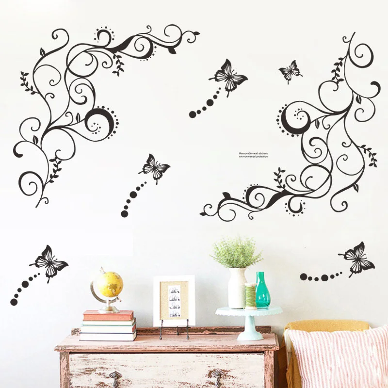Butterfly Flower Vine Wall Sticker Living Room Sofa Background Decoration Wallpaper Bedroom Home Decor Removable Beautify Decals