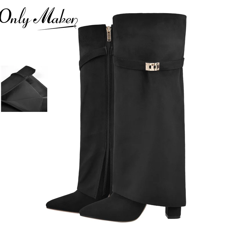 Onlymaker  Flock Knee High Boots Pointed Toe Side Zipper Metal Buckle Decoration Square Spring Autumn Fashion Black High Heels