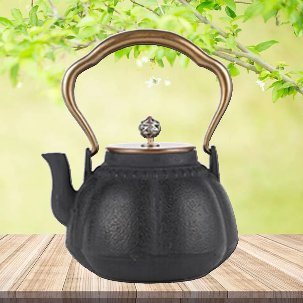 1100ML Japanese-Style Cast Iron Pot Household Boiling Kettle Melon Pattern Copper Lid Teapot Healthy Uncoated Cast Iron Kettle