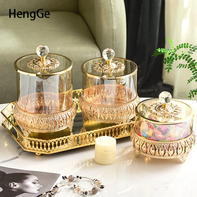 

Light Luxury Crystal Suger Jar Golden Stroke Wrought Iron Decoration Snack Nuts Glass Jars Modern Home Decoration Accessories