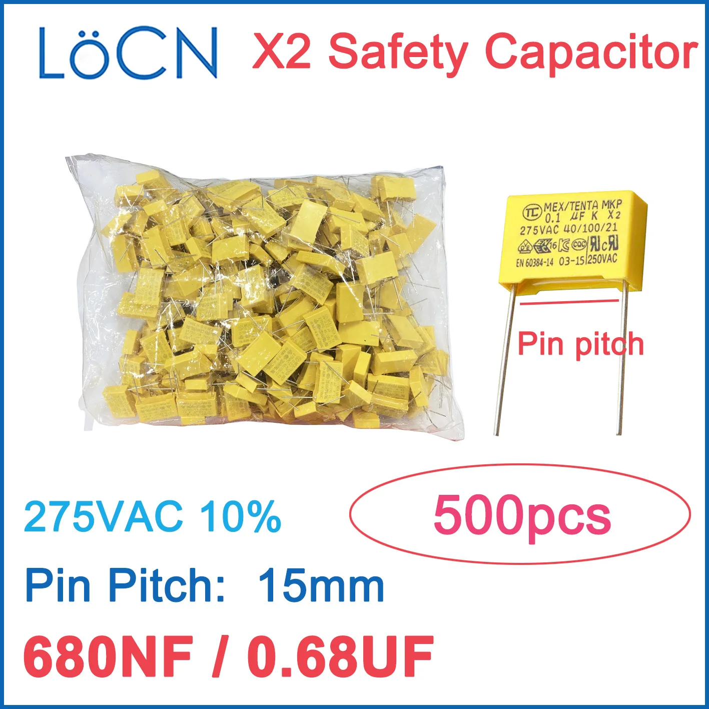 

DIP X2 Safety Capacitor 15mm 680NF 275VAC 0.68UF 684 10% K 500PCS