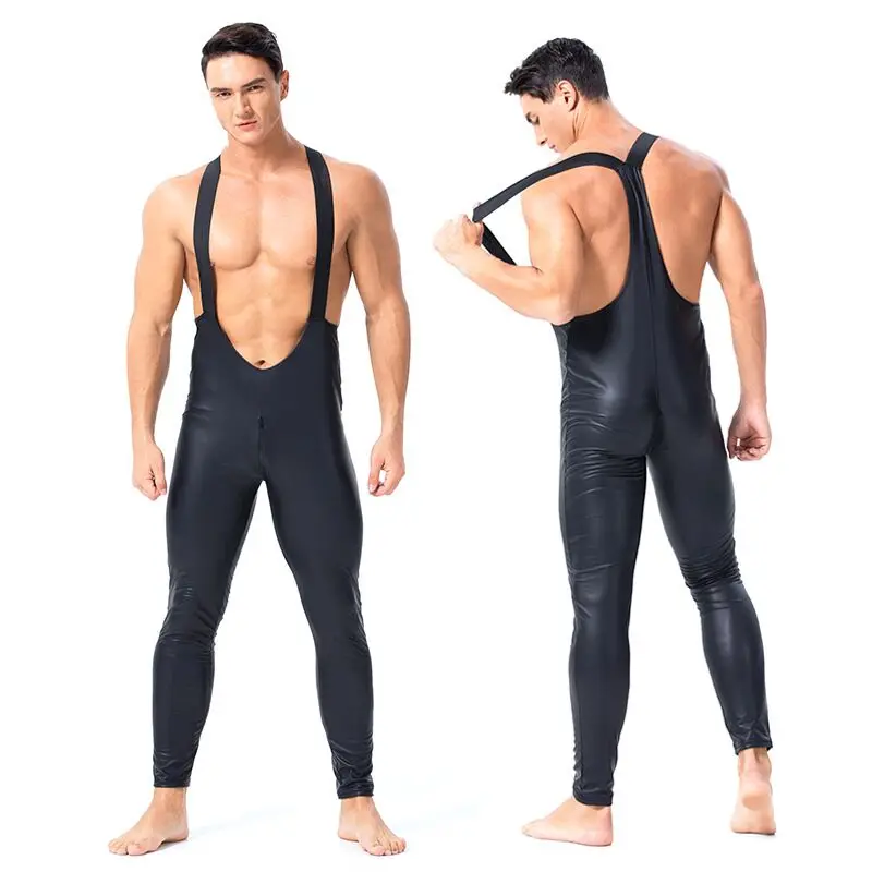 

Mens Faux Patent Leather Catsuit bodysuit Stretch PVC Bodysuits Open Crotch Straps Jumpsuit Nightclub Stage Dancing Costume