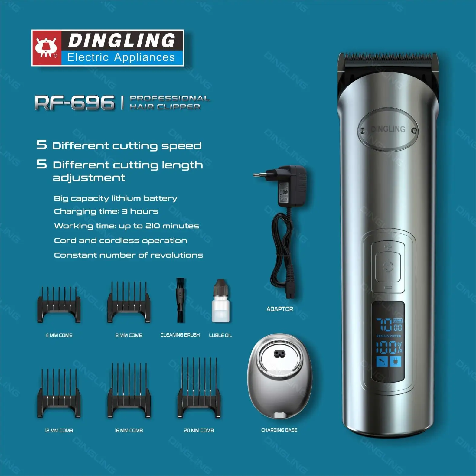 

DingLing RF-696 LCD Professional Hair Clipper Electric Hair Trimmer Beard Barber Adjustable Hair Cutting Machine