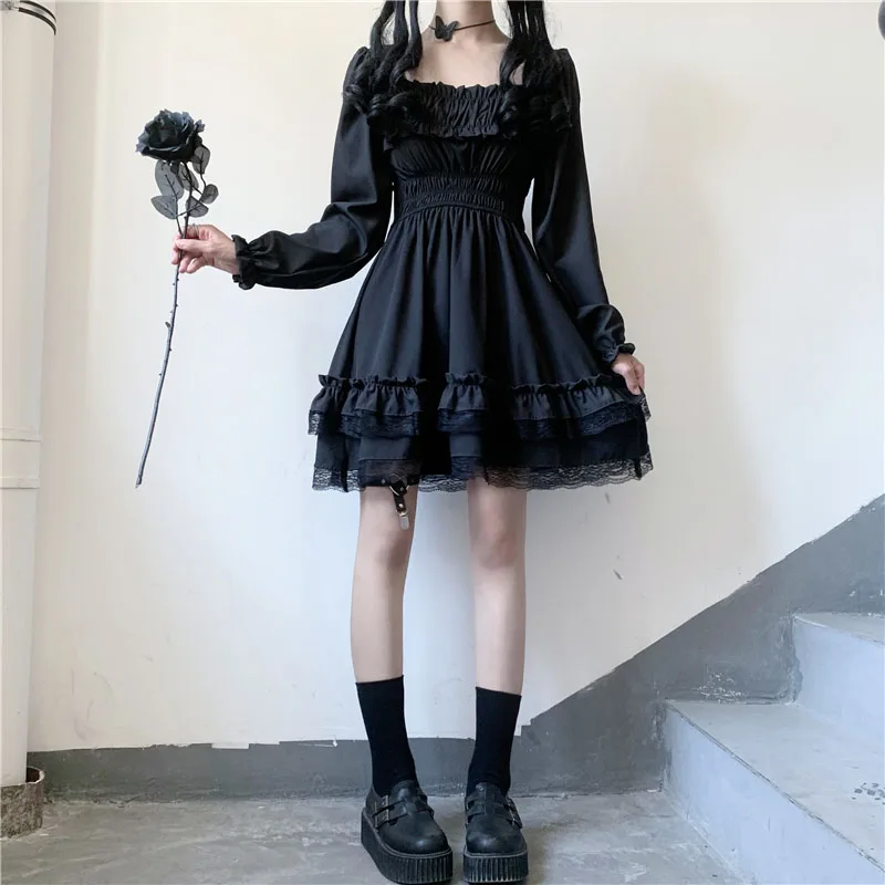 Sexy Women Gothic Black Lolita Long Sleeve Dress A-Line Sweet Harajuku Goth Aesthetic Lace Patchwork Square Collar Clubwear