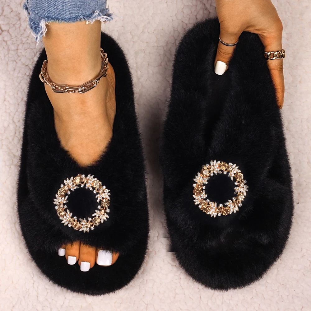 Women's Faux Fur Slippers Rhinestone Decor Slides Flats Sandals Fluffy Fashion Platform Flip Flops Custom DIY Designer Shoes