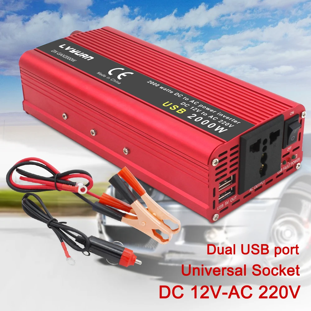 

Inverter12v 220v 2000W Кемпинг Инвертор универсальный разъем полный Мощность 2USB Мощность солнечный инвертор для рождества светильник