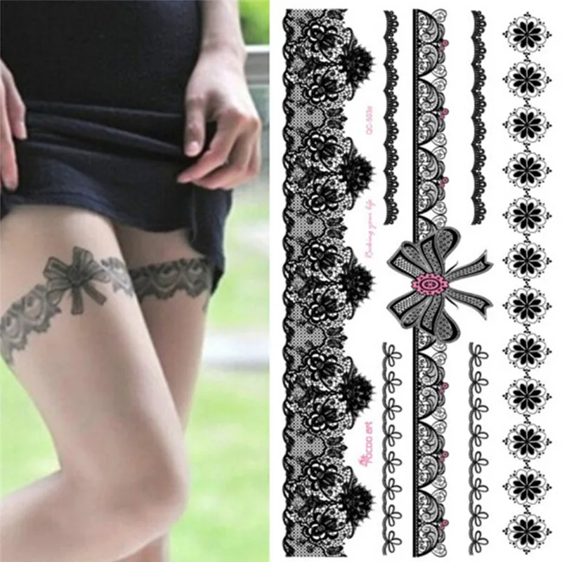 1pcs Waterproof  Tattoo Temporary Sticker On Body Leg Transfer Lace Stocking Tattoo Semi Permanent Sex Tattoo For Women