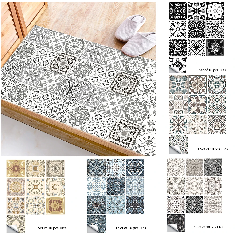 10pcs Gray Retro Pattern Matte Surface Tiles Sticker Transfers Covers for Kitchen Bathroom Tables Floor Peel & Stick Wall Decals