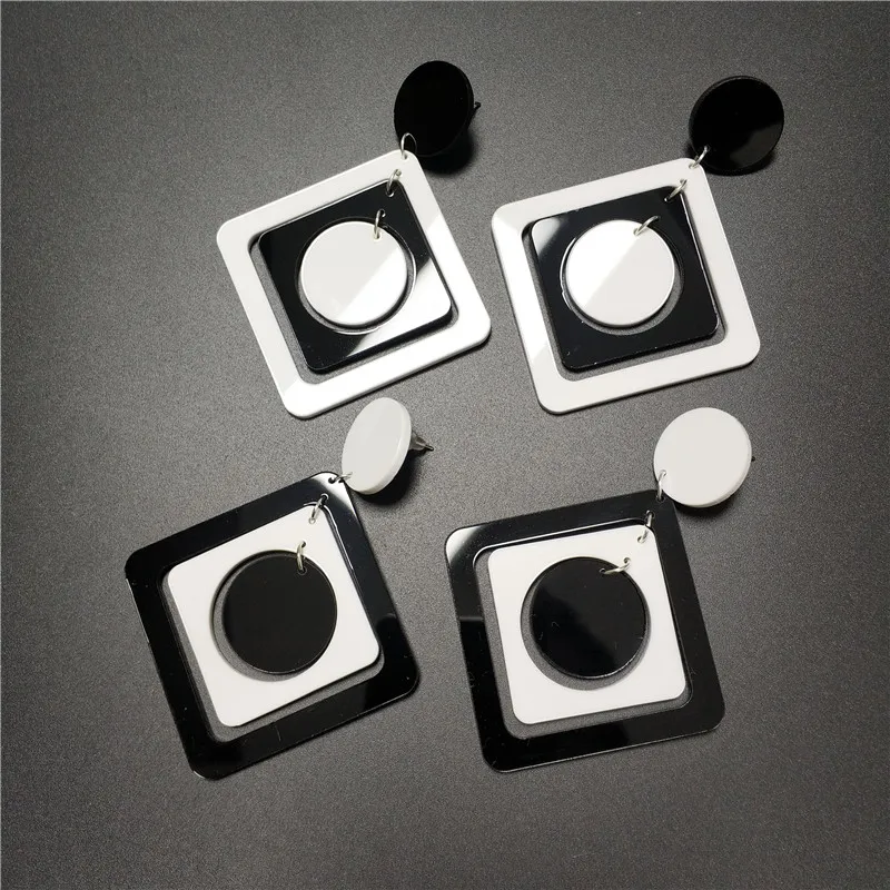 KUGUYS Classic Black White Square Round Drop Earrings for Women Fashion Trendy Acrylic Jewelry Dangle Summer Beach Accessories