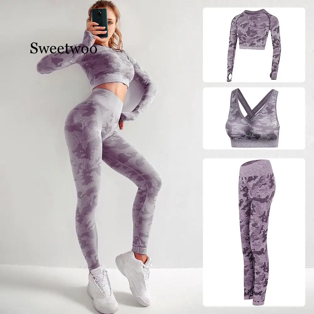 Women 3 PCS Yoga Set Seamless Leggings Gym Sportwear Fitness Workout Set Bra+Shirts+Pants camouflage suit high stretch slim suit