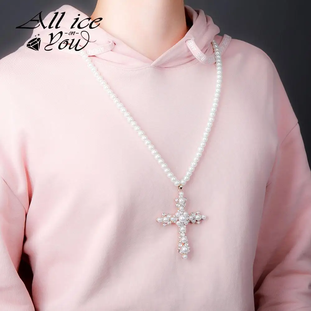 ALLICEONYOU New Vintage Fashion Alloy Pearl Inlaid Long Necklace Cubic Zircon Cross Pendant Hip Hop Jewelry Chain For Women Gift