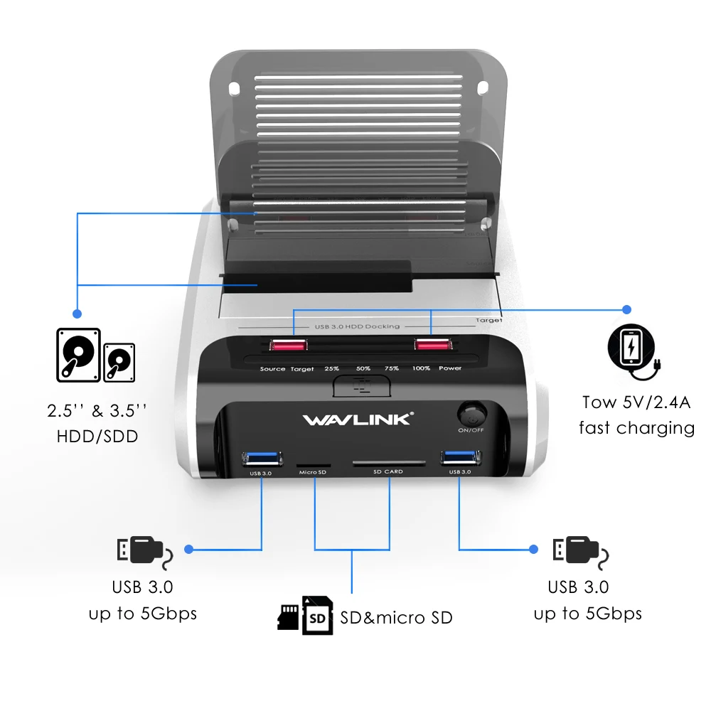 Wavlink Dual Bay USB 3.0 to SATA Hard Drive Enclosure SATA HDD Docking Station HDD Box Offline Clone&UASP for 2.5\