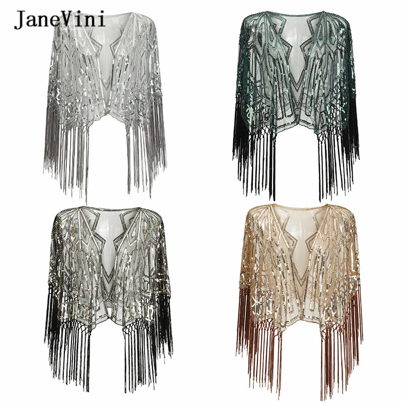 JaneVini 2020 Sparkle Bridal Bolero Sequined Beaded Black Gold Shawls Wraps Wedding Short Cape Jacket Evening Party Accessories