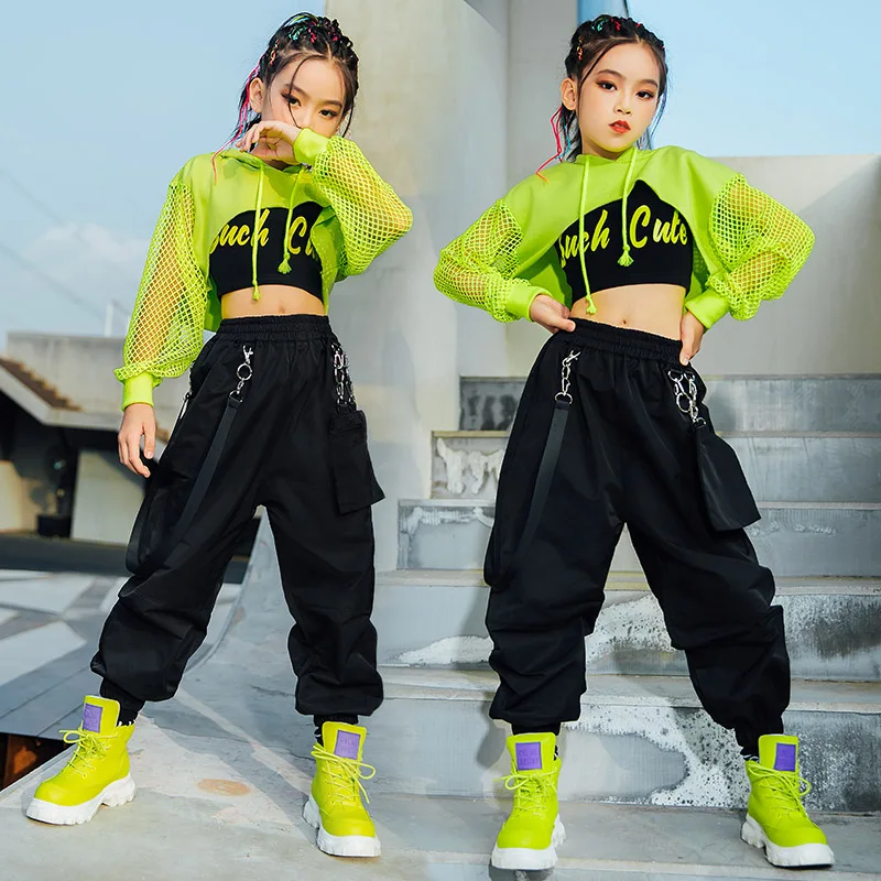 Disfraz de Jazz para niñas, ropa de Hip Hop, Tops verdes, manga de red, pantalones negros de Hip Hop para niños, Ropa de baile moderna de