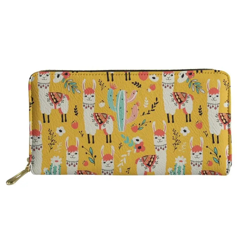 Llama Cactus Pattern Cartoon Alpaca Zip Around Wallet Card Holders Wallets Waterproof Leather Clutch Bag Phone Purse