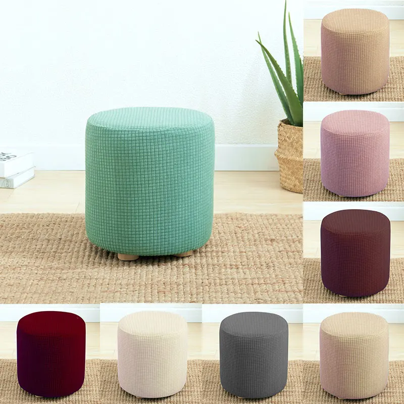 Round Shape Footstool Cover Seat Cover Covering Chair Cushion Polyester Elastic Check Ottoman Covers Living Room Chair Covers